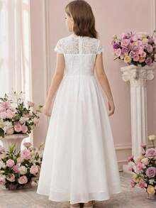 Pitira 青少年女孩兒童白色夏季奢華雪紡婚禮派對禮服，小伴娘花童領聖體禮服，適用於青少年舞會、活動與場合 - 白色 - 查看 2