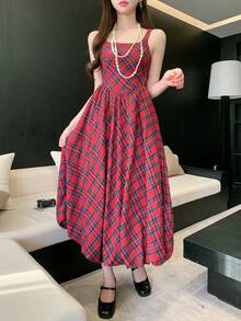 DAZY Women's Elegant Patterned Square Neck Sleeveless Pleated Midi Dress, Summer,Wedding Guest Dress Women - Red - View 5