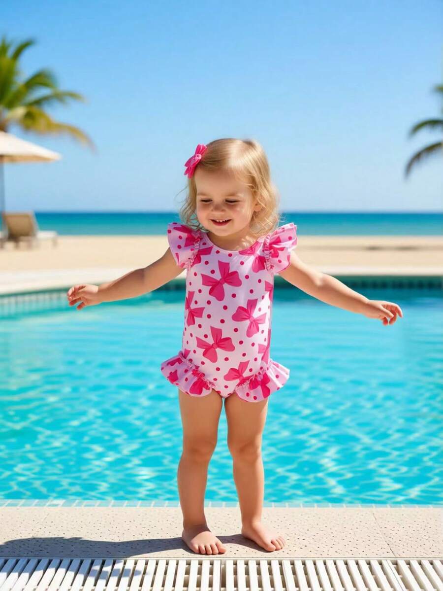SHEIN 女婴泳衣，可爱粉色蝴蝶结印花，肩部荷叶边设计，连体泳衣，适合夏季度假、游泳、海滩、泳池派对 - 彩色 - 查看 1