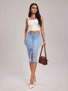 SHEIN Tall 女士单排扣优雅时尚铅笔牛仔裙 - 藍色 - 查看 5