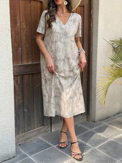 Vivie Lora Women's Tie-Dye V-Neck Short Sleeve Loose Mid-Length Dress, Vacation