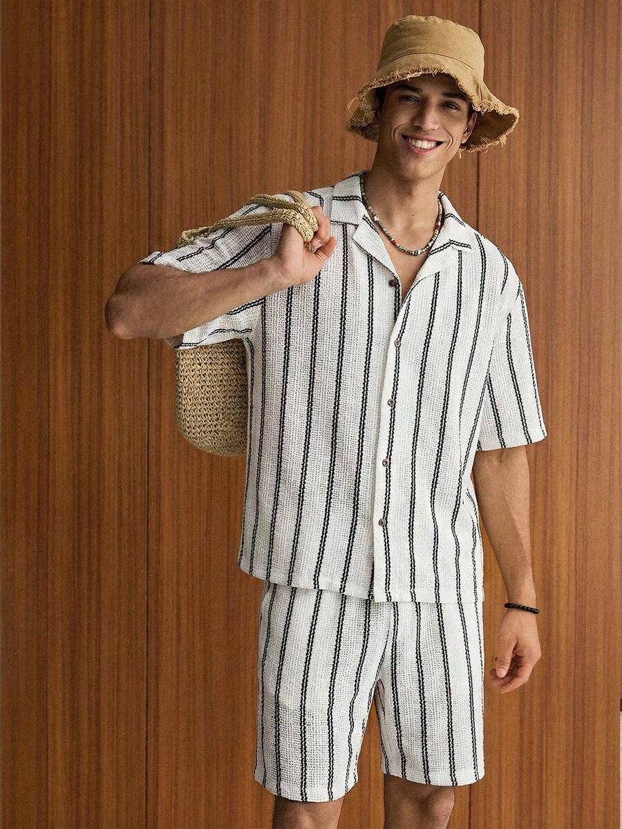 SWAVVY 男士条纹 Polo 领单排扣短袖衬衫上衣和短裤休闲日常穿搭 - 灰色 - 查看 1