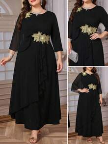Reflora Đầm dự tiệc cocktail tay lửng 3/4 thanh lịch dành cho nữ cỡ lớn, đính ren, có phần eo thắt gọn. - màu đen - Xem 1