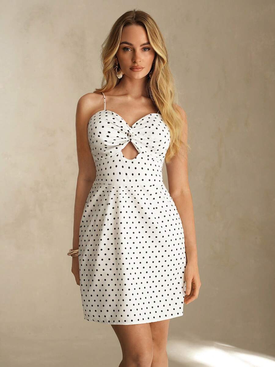 Glamine 女士波点褶皱镂空时尚别致约会派对短款吊带连衣裙 - 黑與白 - 查看 1
