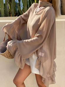 Livesso Atasan Wanita Berkerut, Transparan, Lengan Mengembang, Leher Ikat untuk Liburan Musim Semi dan Musim Panas - Khaki - View 5