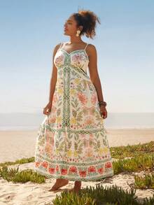 Travachic 大码女式热带植物印花连衣裙，吊带露腰宽松长裙，适合度假和日常穿着 - 彩色 - 查看 5