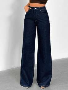 SHEIN Women Dark Blue Raw Denim High-Rise Denim Jeans - Navy Blue - View 3