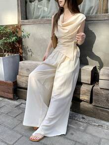 DAZY 2pcs Women Satin Crinkle Tie-Neck Blouse And Relaxed Pants Suit, Elegant Set Short Sets For Women Summer - Apricot - View 1