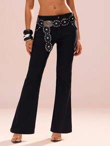 TypaGal Pantalones acampanados de uso diario versátil y casual con bolsillos, botones y remaches para mujeres - Negro - Ver 3