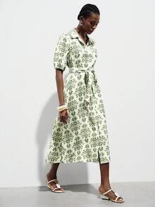 Aveloria Modichic Rochie elegantă de damă pentru navetă, zi de zi și vacanță, cu imprimeu minimalist, rever, mânecă bufantă, talie strânsă și nasturi în față - Verde - Vizualizare 4