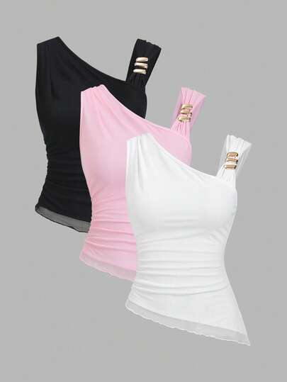 Sweetra Blusa casual de vacaciones con botones decorativos y longitud asimétrica, estilo Y2K