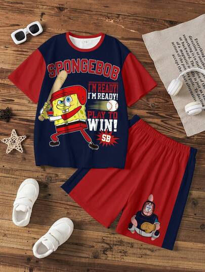 SpongeBob SquarePants | SHEIN Tween Boy Cartoon Print Short Sleeve T-Shirt And Shorts Casual Outfit,