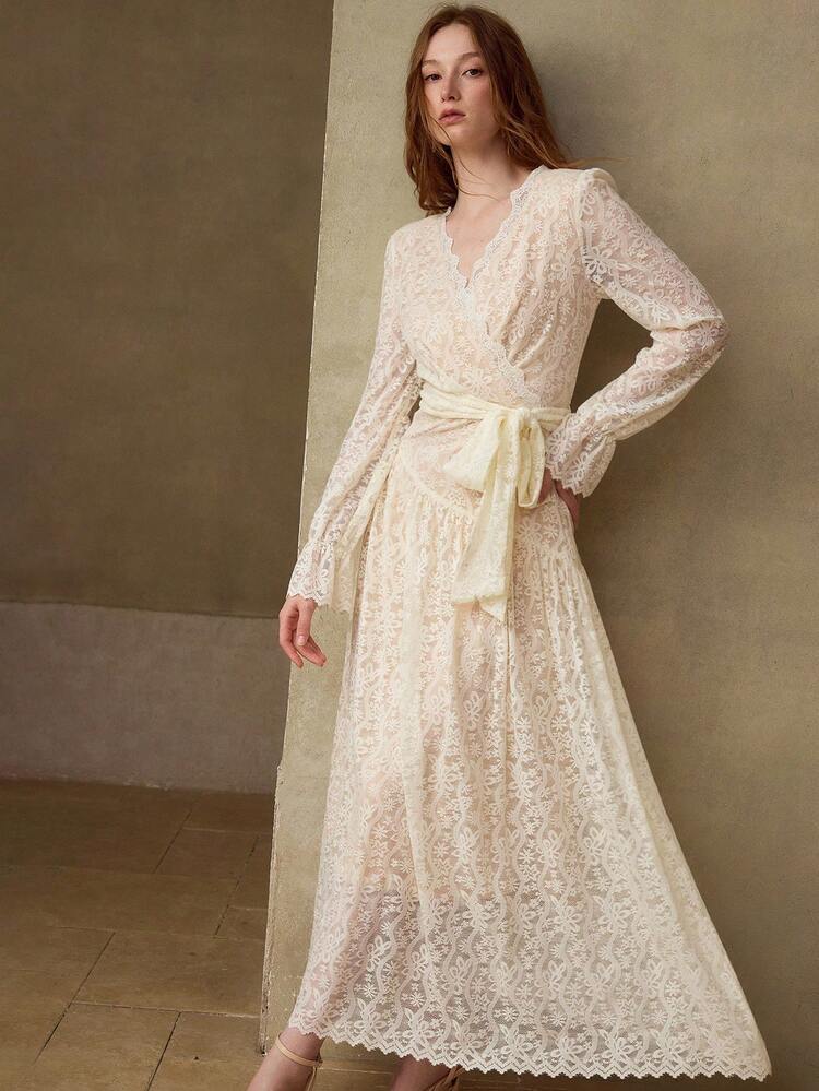 LACE OVERLAY SURPLICE NECK FLARE SLEEVE BELTED LONG DRESS