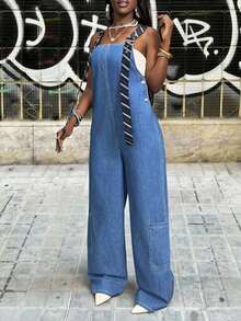 Slaydiva Bộ áo liền quần denim không tay cổ vuông thời trang dành cho nữ, thích hợp cho mùa hè. - Màu xanh lam - Xem 3