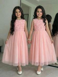 Tween Girl Casual Elegant Mesh Embroidered Jacquard Camisole And Ruched Mesh Dress Set, Pink - Pink - View 5