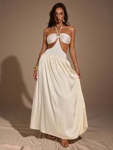 SHEIN BAE Women's Solid Color Halter Tie Backless Metallic Decor Ruched Dress, Fashionable For Party And Events Cream Dress Goddess Dress - Apricot - View 6