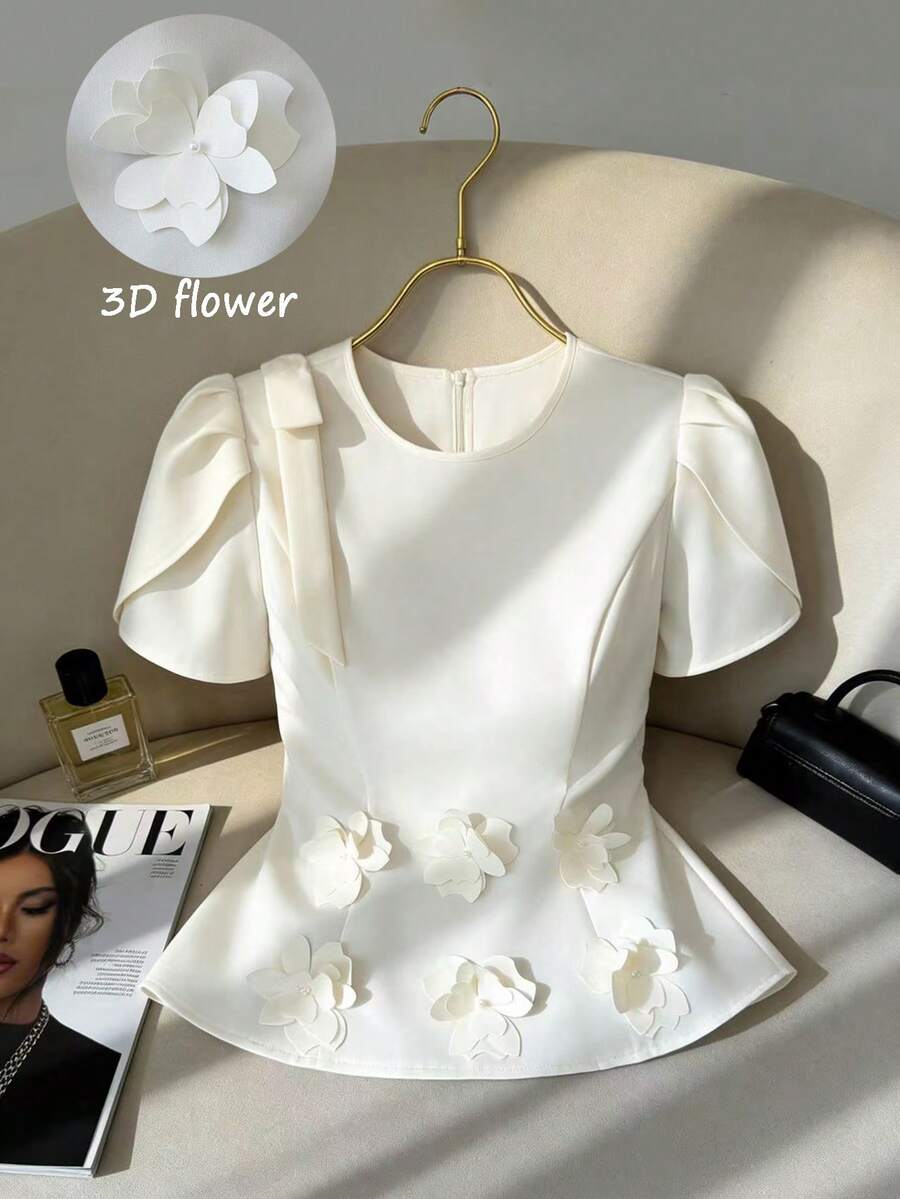 Selianne Asymmetrical Floral Bow Petal Sleeve Blouse,Pearls Decor Waist Linen-Like Fabric Top For Women,Off-White,Summer,Elegant,Tea Party 3d Flower - Apricot - View 1