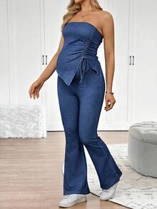 SHEIN 2pcs Maternity Tube Top With Asymmetric Hem & Drawstring And Flare Leg Jeans Set Spring To Summer Carnival Costume Commuting Vacation Graduation Chic Y2k Cute Streetwear Party Wedding Elegant Business Casual Woman Chic Maternity Denim Two Pieces Outfit Strapless Ruched Top And Flared Trousers For Expecting Moms - Blue - View 4