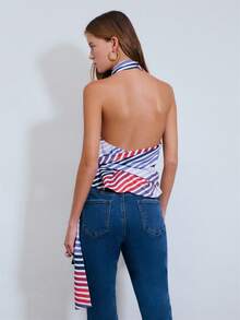 Nöista Halter Cowl Neck Top Features Bold Diagonal Stripes In Red, Navy, And White With A Draped Tie Detail. Spring, Summer, Easter. - Red - View 2