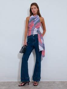 Nöista Halter Cowl Neck Top Features Bold Diagonal Stripes In Red, Navy, And White With A Draped Tie Detail. Spring, Summer, Easter. - Red - View 5