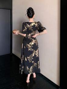 DAZY Women's Elegant Floral Print Round Neck Petal Sleeve Mid-Length Dress, Summer,Wedding Guest Dress Women Maxi Dress - Black - View 2