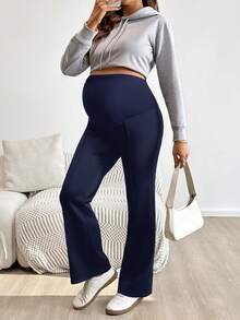 Modmama Maternity Solid Color Adjustable Waist Casual Flare Pants - Navy Blue - View 4