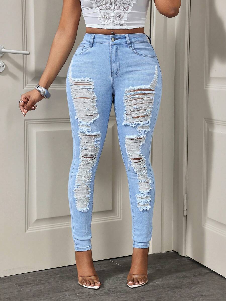 Slaydiva Quần jeans nữ casual đa năng, có túi và thiết kế rách, thích hợp mặc hàng ngày. - Rửa nhẹ - Xem 1