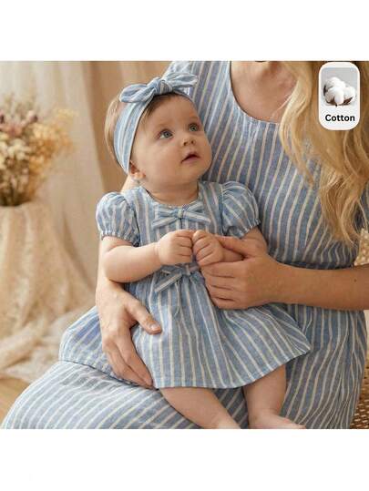 Loomiva Newborn Baby Girl Soft Knit Round Neck Petal Sleeve Cinched Waist Dress Baby Bow Dress Seersucker Infant Dresses Cotton Baby Dress