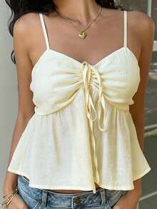 SHEIN EZwear 夏季女士休闲杏色梭织吊带背心 - 杏色 - 查看 4