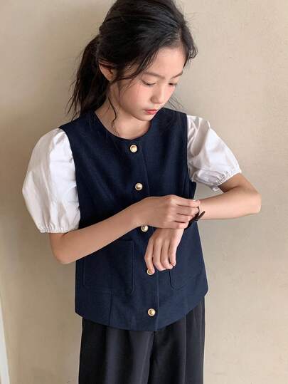 DAZY 少女休闲纯色圆领无袖修身外套，春夏款