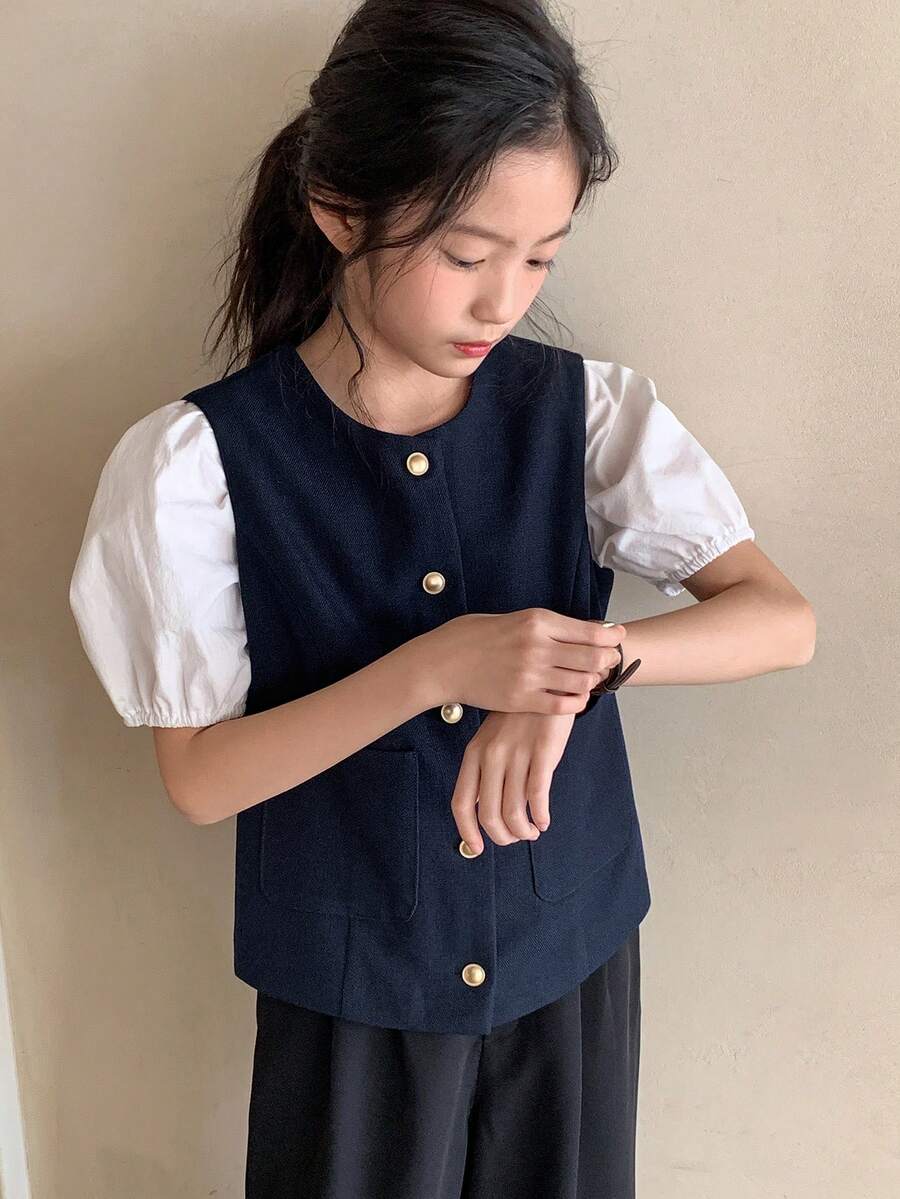 DAZY Tween Girls Casual Solid Color Round Neck Sleeveless Fitted Jacket, Spring/Summer - Navy Blue - View 1