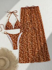 Bonvoyette Chicsea-D 女士夏季焦糖暖棕色底鹿点印花泳衣，挂脖三角罩杯设计凸显肩颈线条，系带垂褶薄纱裙摆，休闲海滩度假复古优雅泳装套装 - 彩色 - 查看 3