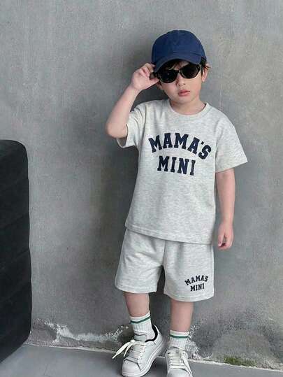 2 piezas Conjunto de camiseta de manga corta y pantalones cortos de contraste de moda minimalista cómoda y práctica para niños pequeños, adecuado para uso diario, escuela, salidas, deportes, primavera/verano