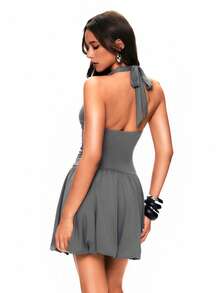 TypaGal Y2K Sexy Summer Grey Stylish Chic Bold Modern Women's Fashion Carnival Party Beach Vacation Street Casual  Going Out Women's Rivet Design Deep V Sexy Halter Mini Dress - Black - View 2