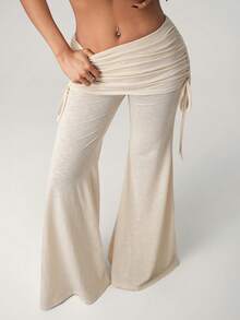 SHEIN ICON Quần ống loe màu trơn dành cho nữ, cạp gập, có dây rút bên hông. - Màu be - Xem 4