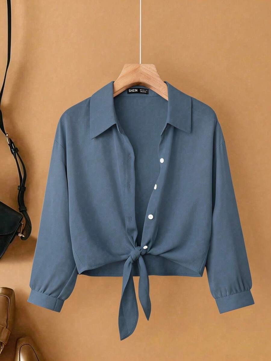 Franclia 法式优雅编织翻领长袖系带开衫，新款夏季白色女式衬衫 - 霧霾藍 - 查看 1