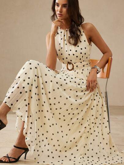 Aveloria Rosie French Retro Elegant Daily Date Vacation Contrast Color Polka Dot Cinched Waist Design Stand Collar Ruffle Patchwork Wide Belt Pleated Dress, Sleeveless