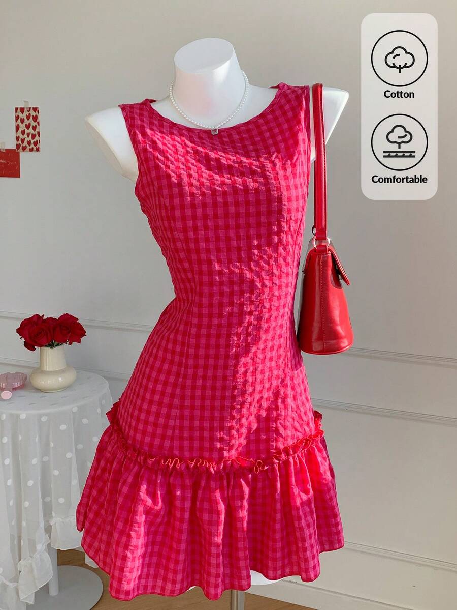 Comfortcana Vestido casual y elegante con textura de crepé, volantes en el bajo y sin mangas, a cuadros, ideal para el Día de San Valentín - Multicolor - Ver 1