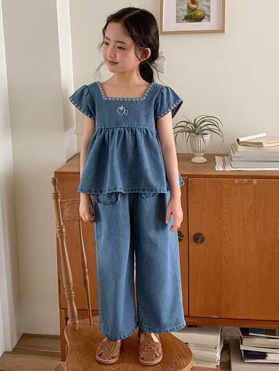 Dazy Kids Young Girls Collared Embroidered Denim Short Sleeve Top And Denim Shorts Summer Outfit