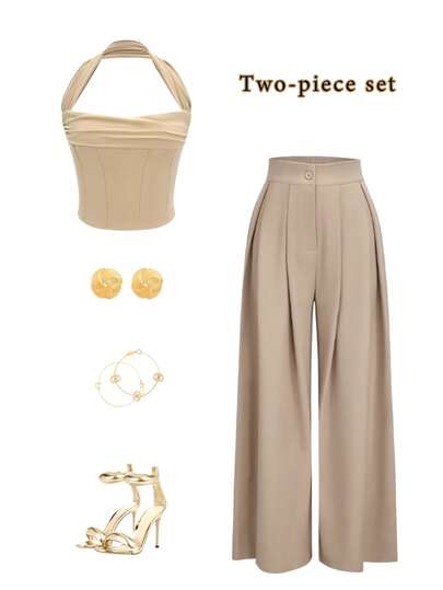 GlowEve Women's Solid Color Halter Top And Pleated Wide Leg Pants Casual 2 Pieces Set