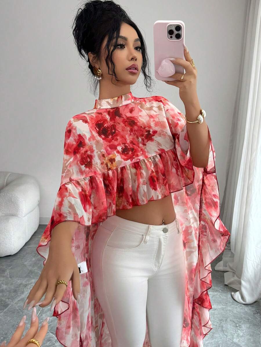 Elenzga 最新春夏时尚女式立领雪纺花卉荷叶边优雅衬衫 - 彩色 - 查看 1