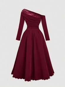 SHEIN MOD Đầm trễ vai phối ren màu đỏ rượu vang cổ điển cỡ lớn dành cho phụ nữ - Màu Đỏ Sâu - Xem 2