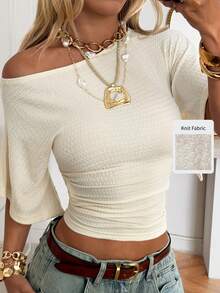 SHEIN EZwear Áo thun ngắn tay cánh dơi màu mơ dành cho nữ - Màu be - Xem 8