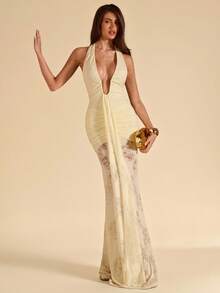 SHEIN BAE Solid Yellow Sexy Deep V-Neck Textured Bodycon Dress, Elegant Beach Vacation Dress, Spring/Summer Mesh Maxi Dress See Through Dress Transparent Dress Sexy Long Dress - Light Yellow - View 5