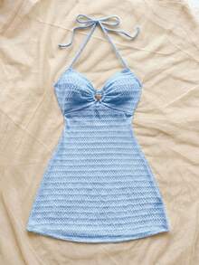 mini de línea A con cuello en V sexy, decoración de metal en forma de estrella de mar, cuello con lazo, espalda descubierta, tela texturizada, adecuado para vacaciones, citas, té de la tarde, vacaciones, festivales de música, estilo bohemio - Celeste - Ver 3
