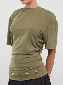 COUREZ Short Sleeve T-Shirt With Tie Hem Detail - Army Green - View 7