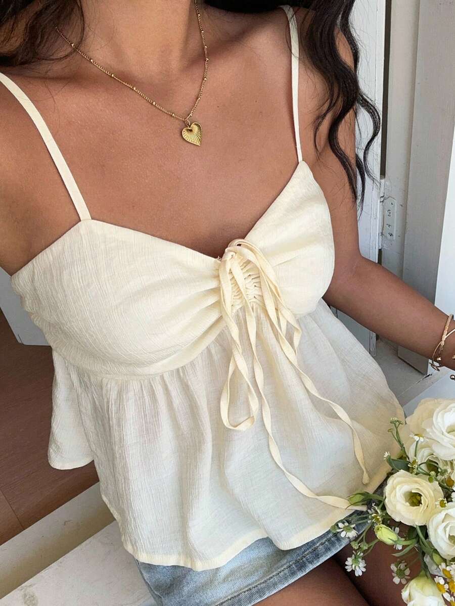 SHEIN EZwear 夏季女士休闲杏色梭织吊带背心 - 杏色 - 查看 1