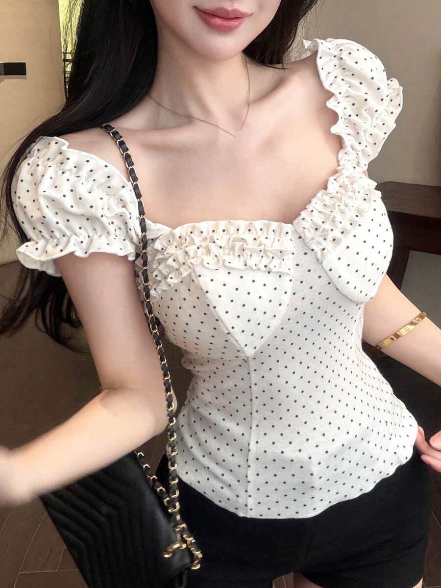 Joudiya Áo croptop trễ vai in chấm bi trắng, viền bèo nhún, kiểu dáng ôm sát, phong cách thường ngày đi biển, thích hợp cho nữ, thời trang mùa xuân hè. - trắng - Xem 1