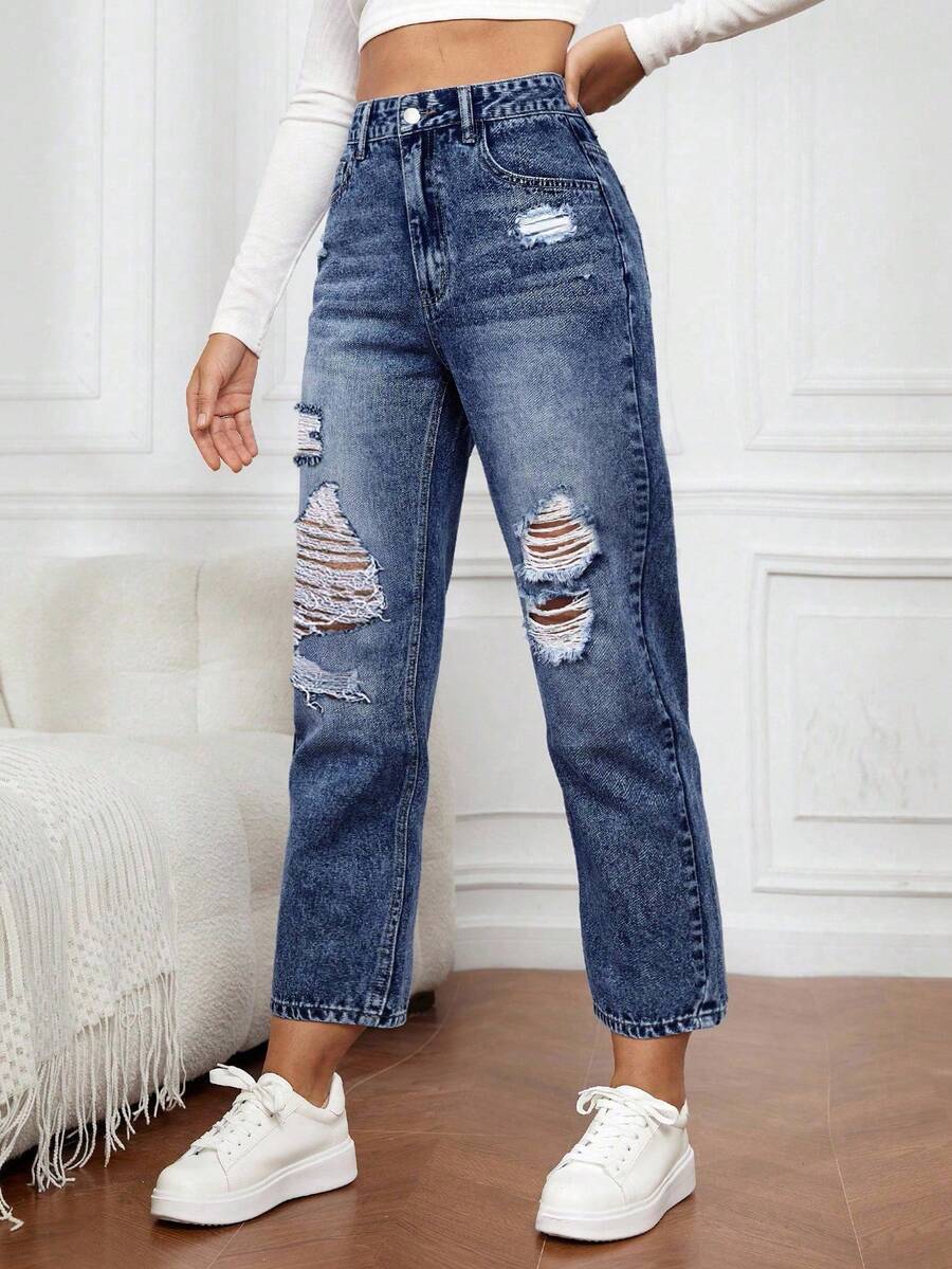 EMERY ROSE Casual Washed Distressed Tapered Jeans - Dark Wash - View 1