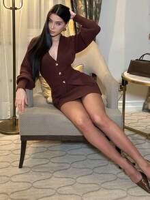 hhfernanda 女士新款秋冬百搭日常穿搭落肩收腰针织开衫V领长款落肩修身迷你裙两件套，复古风格针织套装 - 咖啡棕 - 查看 6